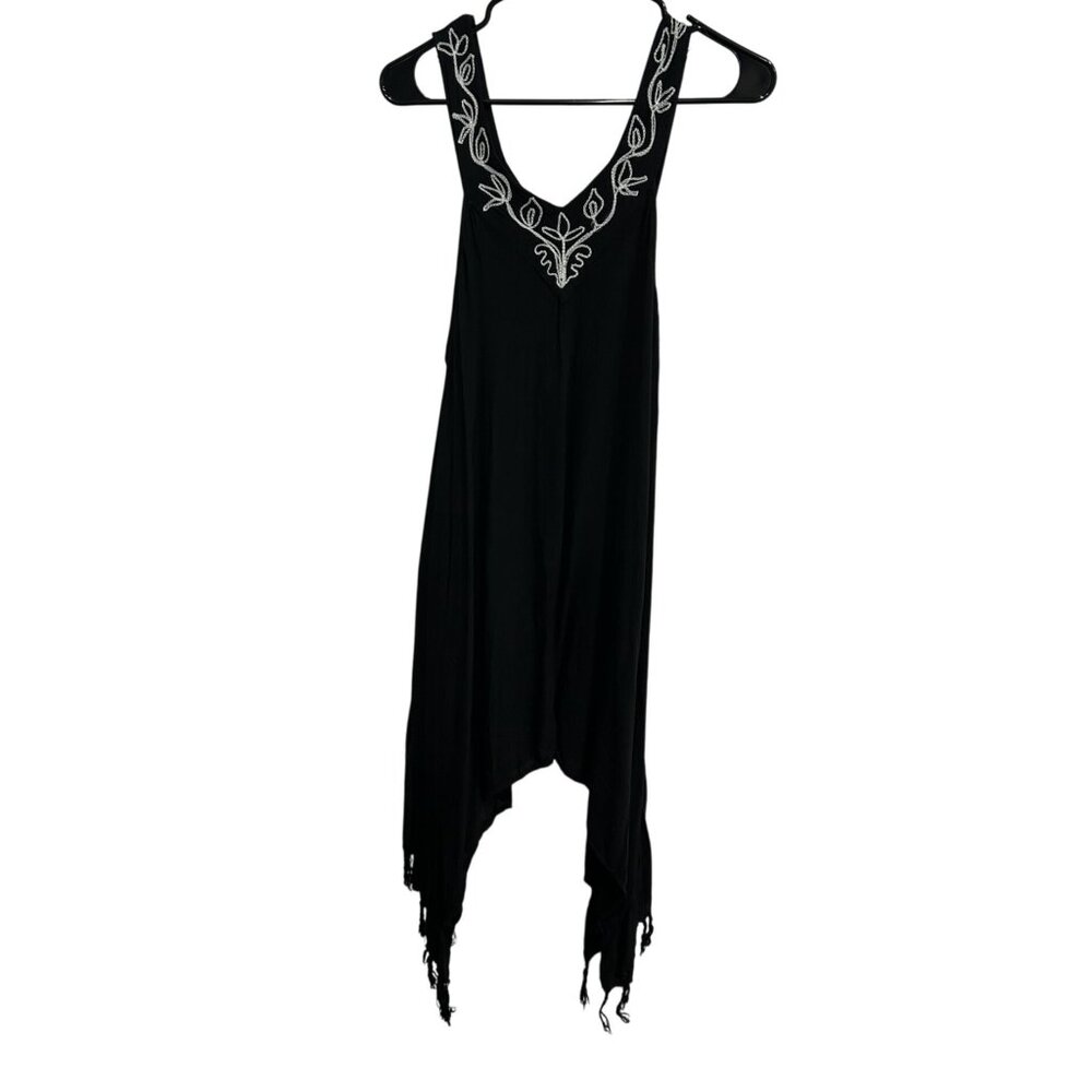 Ace Fashion Black Embroidered Fringe Handkerchief Hem Dress One Size Boho Chic
